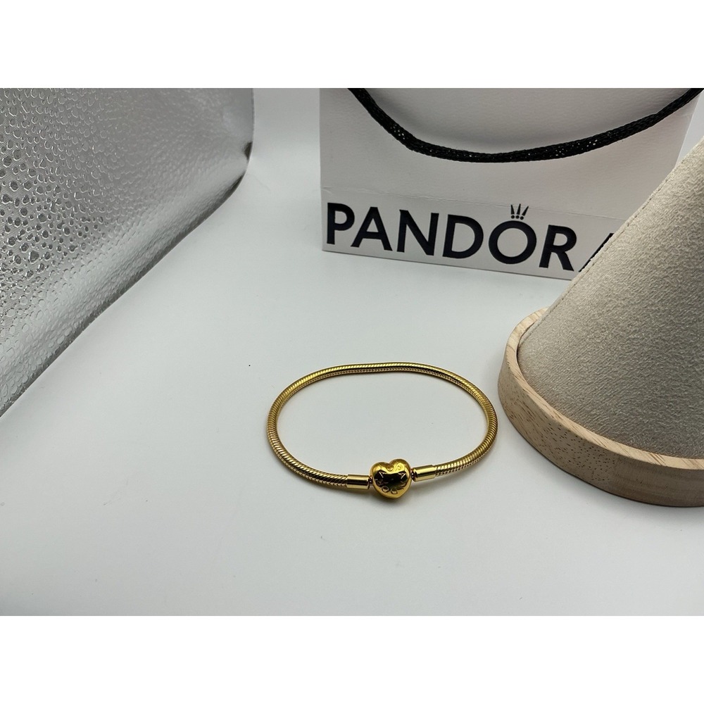 PANDORA Moments 14K Gold-Plated Heart Clasp Snake Chain Bracelet 7.25" ALE MET
